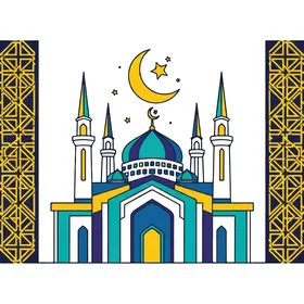 الفوانيس الملونة زينة شهر رمضان المبارك، الأماكن الدينية الإسلامية المقدسة, أداء الفرائض والصلوات والتقرب إلى الله، رسومات توضيحية لمسجد مبني على الطراز العريق, الفن الهندسي المعماري لبناء المساجد , خلفية بيضاء, فيكتور اليستريتور