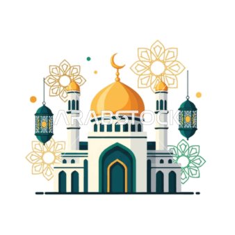 أداء الفرائض والصلوات والتقرب إلى الله، الفوانيس الملونة زينة شهر رمضان المبارك، الأماكن الدينية الإسلامية المقدسة, رسومات توضيحية لمسجد مبني على الطراز العريق, الفن الهندسي المعماري لبناء المساجد , خلفية بيضاء, فيكتور اليستريتور