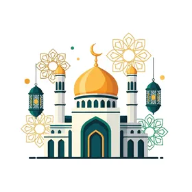 أداء الفرائض والصلوات والتقرب إلى الله، الفوانيس الملونة زينة شهر رمضان المبارك، الأماكن الدينية الإسلامية المقدسة, رسومات توضيحية لمسجد مبني على الطراز العريق, الفن الهندسي المعماري لبناء المساجد , خلفية بيضاء, فيكتور اليستريتور