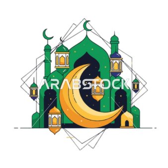 الفوانيس الملونة زينة شهر رمضان المبارك، الأماكن الدينية الإسلامية المقدسة, أداء الفرائض والصلوات والتقرب إلى الله، رسومات توضيحية لمسجد مبني على الطراز العريق, الفن الهندسي المعماري لبناء المساجد , خلفية بيضاء, فيكتور اليستريتور