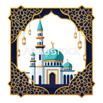 الفوانيس الملونة زينة شهر رمضان المبارك، الأماكن الدينية الإسلامية المقدسة, أداء الفرائض والصلوات والتقرب إلى الله، رسومات توضيحية لمسجد مبني على الطراز العريق, الفن الهندسي المعماري لبناء المساجد , خلفية بيضاء, فيكتور اليستريتور