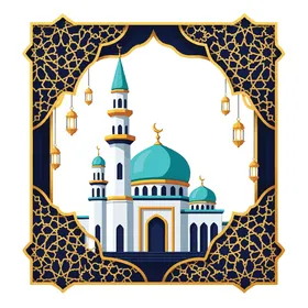 الفوانيس الملونة زينة شهر رمضان المبارك، الأماكن الدينية الإسلامية المقدسة, أداء الفرائض والصلوات والتقرب إلى الله، رسومات توضيحية لمسجد مبني على الطراز العريق, الفن الهندسي المعماري لبناء المساجد , خلفية بيضاء, فيكتور اليستريتور