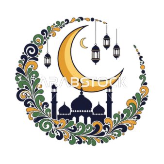 رسومات توضيحية لمسجد مبني على الطراز العريق, أداء الفرائض والصلوات والتقرب إلى الله، الفوانيس الملونة زينة شهر رمضان المبارك، الأماكن الدينية الإسلامية المقدسة, الفن الهندسي المعماري لبناء المساجد , خلفية بيضاء, فيكتور اليستريتور