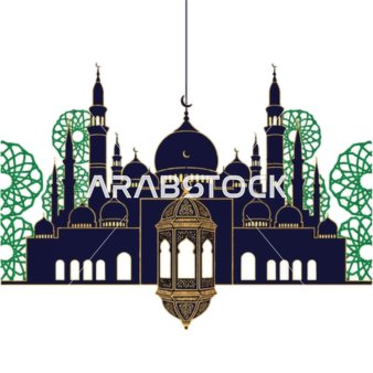 أداء الفرائض والصلوات والتقرب إلى الله، الفوانيس الملونة زينة شهر رمضان المبارك، الأماكن الدينية الإسلامية المقدسة, رسومات توضيحية لمسجد مبني على الطراز العريق, الفن الهندسي المعماري لبناء المساجد , خلفية بيضاء, فيكتور اليستريتور