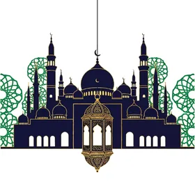 أداء الفرائض والصلوات والتقرب إلى الله، الفوانيس الملونة زينة شهر رمضان المبارك، الأماكن الدينية الإسلامية المقدسة, رسومات توضيحية لمسجد مبني على الطراز العريق, الفن الهندسي المعماري لبناء المساجد , خلفية بيضاء, فيكتور اليستريتور