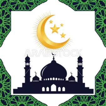 الفوانيس الملونة زينة شهر رمضان المبارك، الأماكن الدينية الإسلامية المقدسة, أداء الفرائض والصلوات والتقرب إلى الله، رسومات توضيحية لمسجد مبني على الطراز العريق, الفن الهندسي المعماري لبناء المساجد , خلفية بيضاء, فيكتور اليستريتور