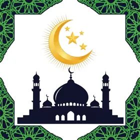 الفوانيس الملونة زينة شهر رمضان المبارك، الأماكن الدينية الإسلامية المقدسة, أداء الفرائض والصلوات والتقرب إلى الله، رسومات توضيحية لمسجد مبني على الطراز العريق, الفن الهندسي المعماري لبناء المساجد , خلفية بيضاء, فيكتور اليستريتور