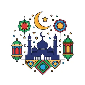 أداء الفرائض والصلوات والتقرب إلى الله، الفوانيس الملونة زينة شهر رمضان المبارك، الأماكن الدينية الإسلامية المقدسة, رسومات توضيحية لمسجد مبني على الطراز العريق, الفن الهندسي المعماري لبناء المساجد , خلفية بيضاء, فيكتور اليستريتور