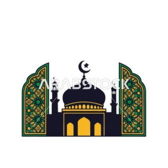 الفوانيس الملونة زينة شهر رمضان المبارك، الأماكن الدينية الإسلامية المقدسة, أداء الفرائض والصلوات والتقرب إلى الله، رسومات توضيحية لمسجد مبني على الطراز العريق, الفن الهندسي المعماري لبناء المساجد , خلفية بيضاء, فيكتور اليستريتور