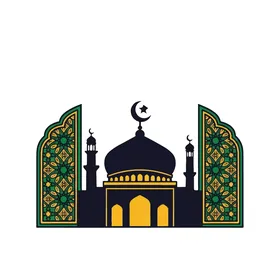 الفوانيس الملونة زينة شهر رمضان المبارك، الأماكن الدينية الإسلامية المقدسة, أداء الفرائض والصلوات والتقرب إلى الله، رسومات توضيحية لمسجد مبني على الطراز العريق, الفن الهندسي المعماري لبناء المساجد , خلفية بيضاء, فيكتور اليستريتور