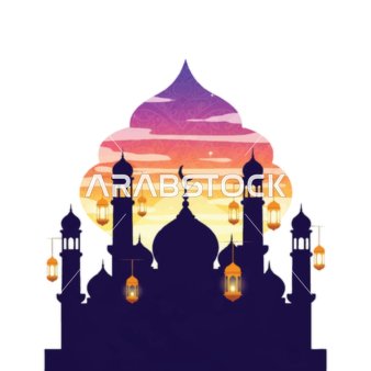 Performing obligatory acts and prayers and getting closer to God, colorful lanterns are the decoration of the blessed month of Ramadan, sacred Islamic religious places, illustrative drawings of a mosque built in the ancient style, architectural geometric art of mosque construction, white background, vector illustrator.