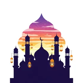 Performing obligatory acts and prayers and getting closer to God, colorful lanterns are the decoration of the blessed month of Ramadan, sacred Islamic religious places, illustrative drawings of a mosque built in the ancient style, architectural geometric art of mosque construction, white background, vector illustrator.