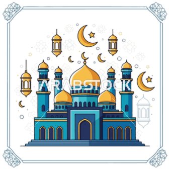 الفوانيس الملونة زينة شهر رمضان المبارك، الأماكن الدينية الإسلامية المقدسة, أداء الفرائض والصلوات والتقرب إلى الله، رسومات توضيحية لمسجد مبني على الطراز العريق, الفن الهندسي المعماري لبناء المساجد , خلفية بيضاء, فيكتور اليستريتور