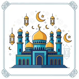 الفوانيس الملونة زينة شهر رمضان المبارك، الأماكن الدينية الإسلامية المقدسة, أداء الفرائض والصلوات والتقرب إلى الله، رسومات توضيحية لمسجد مبني على الطراز العريق, الفن الهندسي المعماري لبناء المساجد , خلفية بيضاء, فيكتور اليستريتور