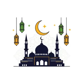 Colored lanterns are the decoration of the blessed month of Ramadan, the sacred Islamic religious places, performing obligations and prayers and getting closer to God, illustrative drawings of a mosque built in the ancient style, the architectural geometric art of building mosques, white background, vector illustrator.