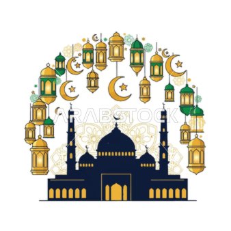 أداء الفرائض والصلوات والتقرب إلى الله، الفوانيس الملونة زينة شهر رمضان المبارك، الأماكن الدينية الإسلامية المقدسة, رسومات توضيحية لمسجد مبني على الطراز العريق, الفن الهندسي المعماري لبناء المساجد , خلفية بيضاء, فيكتور اليستريتور
