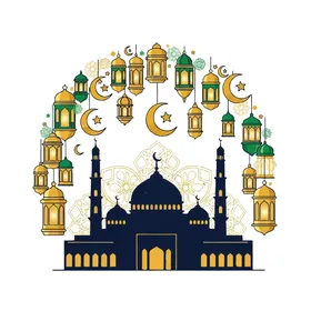 أداء الفرائض والصلوات والتقرب إلى الله، الفوانيس الملونة زينة شهر رمضان المبارك، الأماكن الدينية الإسلامية المقدسة, رسومات توضيحية لمسجد مبني على الطراز العريق, الفن الهندسي المعماري لبناء المساجد , خلفية بيضاء, فيكتور اليستريتور
