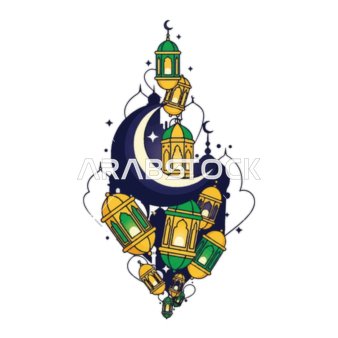 Illustrations of Arabic Islamic lanterns, religious holidays and occasions, design template for a collection of Ramadan lamps in different shapes, crescent of the blessed month of Ramadan, Ramadan decorations and ornaments, white background, vector illustrator.