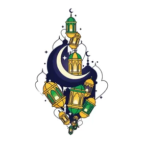 Illustrations of Arabic Islamic lanterns, religious holidays and occasions, design template for a collection of Ramadan lamps in different shapes, crescent of the blessed month of Ramadan, Ramadan decorations and ornaments, white background, vector illustrator.