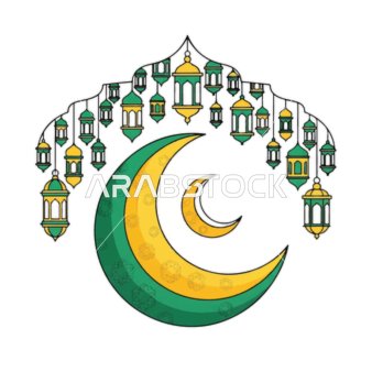 رسوم توضيحية للفوانيس الإسلامية العربية, أعياد ومناسبات دينية, قالب تصميم لمجموعة من المصابيح الرمضانية بأشكال مختلفة، هلال شهر رمضان المبارك، ديكورات وزينة رمضان، خلفية بيضاء، فيكتور اليستريتور
