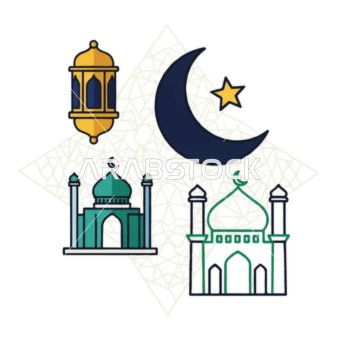 Illustrations of Arabic Islamic lanterns, religious holidays and occasions, design template for a collection of Ramadan lamps in different shapes, crescent of the blessed month of Ramadan, Ramadan decorations and ornaments, white background, vector illustrator.