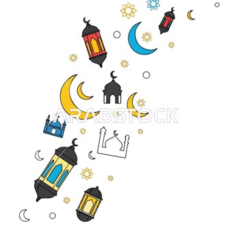 رسوم توضيحية للفوانيس الإسلامية العربية, أعياد ومناسبات دينية, قالب تصميم لمجموعة من المصابيح الرمضانية بأشكال مختلفة، هلال شهر رمضان المبارك، ديكورات وزينة رمضان، خلفية بيضاء، فيكتور اليستريتور