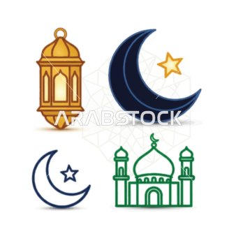 رسوم توضيحية للفوانيس الإسلامية العربية, أعياد ومناسبات دينية, قالب تصميم لمجموعة من المصابيح الرمضانية بأشكال مختلفة، هلال شهر رمضان المبارك، ديكورات وزينة رمضان، خلفية بيضاء، فيكتور اليستريتور