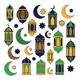 رسوم توضيحية للفوانيس الإسلامية العربية, أعياد ومناسبات دينية, قالب تصميم لمجموعة من المصابيح الرمضانية بأشكال مختلفة، هلال شهر رمضان المبارك، ديكورات وزينة رمضان، خلفية بيضاء، فيكتور اليستريتور