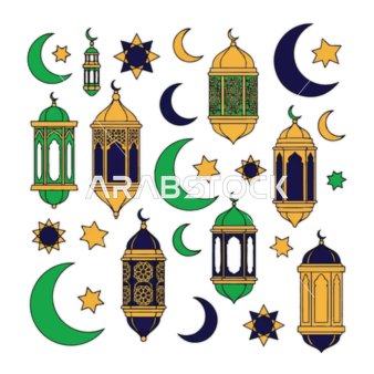 Illustrations of Arabic Islamic lanterns, religious holidays and occasions, design template for a collection of Ramadan lamps in different shapes, crescent of the blessed month of Ramadan, Ramadan decorations and ornaments, white background, vector illustrator.