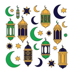 Illustrations of Arabic Islamic lanterns, religious holidays and occasions, design template for a collection of Ramadan lamps in different shapes, crescent of the blessed month of Ramadan, Ramadan decorations and ornaments, white background, vector illustrator.