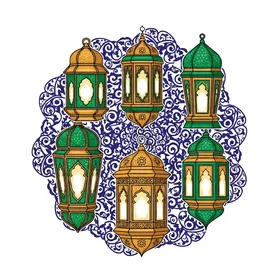 رسوم توضيحية للفوانيس الإسلامية العربية المزخرفة, أعياد ومناسبات دينية, قالب تصميم لمجموعة من المصابيح الرمضانية بأشكال مختلفة، الاحتفال بقدوم شهر رمضان المبارك، ديكورات وزينة رمضان، خلفية بيضاء، فيكتور اليستريتور