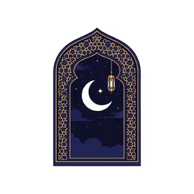 رسومات توضيحية لقوس إسلامي مع هلال ونجمة وفوانيس معلقة, أداء الفرائض والصلوات والتقرب إلى الله، زينة شهر رمضان المبارك، الرموز الدينية الإسلامية , خلفية بيضاء, فيكتور اليستريتور