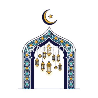 Illustrations of an Islamic arch with a crescent moon and star and hanging lanterns, performing obligatory acts and prayers and getting closer to God, decorations of the blessed month of Ramadan, Islamic religious symbols, white background, vector illustrator.