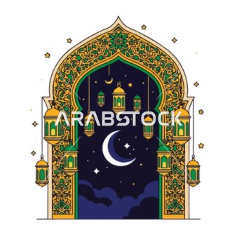 رسومات توضيحية لقوس إسلامي مع هلال ونجمة وفوانيس معلقة, أداء الفرائض والصلوات والتقرب إلى الله، زينة شهر رمضان المبارك، الرموز الدينية الإسلامية , خلفية بيضاء, فيكتور اليستريتور