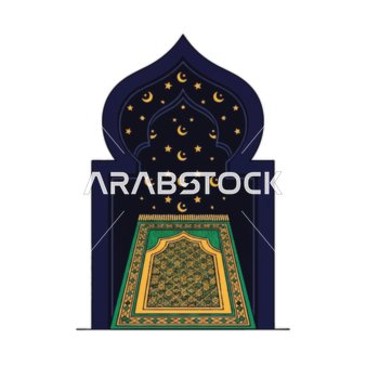 رسوم توضيحية سجادة صلاة إسلامية موضوعة داخل مدخل مقوس تحت سماء ليلية مرصعة بالنجوم, أعياد ومناسبات دينية, الاحتفال بقدوم شهر رمضان المبارك، ديكورات وزينة رمضان، خلفية بيضاء، فيكتور اليستريتور