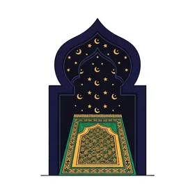 رسوم توضيحية سجادة صلاة إسلامية موضوعة داخل مدخل مقوس تحت سماء ليلية مرصعة بالنجوم, أعياد ومناسبات دينية, الاحتفال بقدوم شهر رمضان المبارك، ديكورات وزينة رمضان، خلفية بيضاء، فيكتور اليستريتور