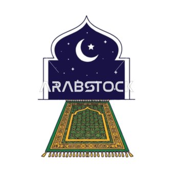 رسوم توضيحية سجادة صلاة إسلامية موضوعة داخل مدخل مقوس تحت سماء ليلية مرصعة بالنجوم, أعياد ومناسبات دينية, الاحتفال بقدوم شهر رمضان المبارك، ديكورات وزينة رمضان، خلفية بيضاء، فيكتور اليستريتور
