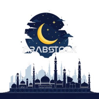 The call of Muslims to perform acts of worship and obligations, the architectural engineering art of domes and minarets in the mosque, the concept of worship and drawing closer to Allah Almighty, vector illustrator.