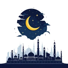The call of Muslims to perform acts of worship and obligations, the architectural engineering art of domes and minarets in the mosque, the concept of worship and drawing closer to Allah Almighty, vector illustrator.