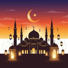 The call of Muslims to perform acts of worship and obligations, the architectural engineering art of domes and minarets in the mosque, the concept of worship and drawing closer to Allah Almighty, vector illustrator.