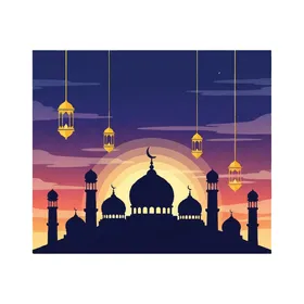 The call of Muslims to perform acts of worship and obligations, the architectural engineering art of domes and minarets in the mosque, the concept of worship and drawing closer to Allah Almighty, vector illustrator.