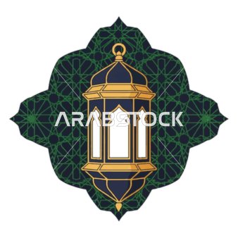 مصباح معدني معلق في الأجواء الرمضانية الروحانية, فانوس عربي تقليدي, اكسسوارات و تحف مميزة للاحتفال بقدوم شهر الخير, زينة و أنوار شهر رمضان المبارك, خلفية زرقاء, فيكتور اليستريتور