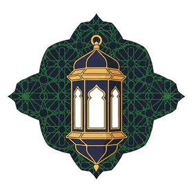 مصباح معدني معلق في الأجواء الرمضانية الروحانية, فانوس عربي تقليدي, اكسسوارات و تحف مميزة للاحتفال بقدوم شهر الخير, زينة و أنوار شهر رمضان المبارك, خلفية زرقاء, فيكتور اليستريتور