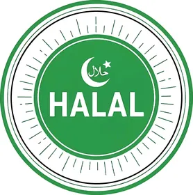 ايقونة تحوي كلمة حلال باللغة العربية والانجليزية, ملصقات للمطاعم والاطعمة الاسلامية, ايقونات وقوالب جاهزة, خلفية بيضاء، فيكتور اليستريتور