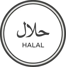ايقونة تحوي كلمة حلال باللغة العربية والانجليزية, ملصقات للمطاعم والاطعمة الاسلامية, ايقونات وقوالب جاهزة, خلفية بيضاء، فيكتور اليستريتور