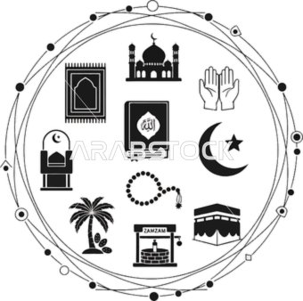 أيقونات ورموز اسلامية دينية لأداء الصلاة والعبادات ,مفهوم العبادة والتقرب الى الله تعالى, خلفية بيضاء, الدعاء وقراءة القرآن الكريم، فيكتور اليستريتور