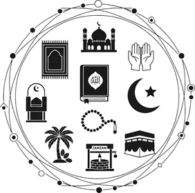 أيقونات ورموز اسلامية دينية لأداء الصلاة والعبادات ,مفهوم العبادة والتقرب الى الله تعالى, خلفية بيضاء, الدعاء وقراءة القرآن الكريم، فيكتور اليستريتور