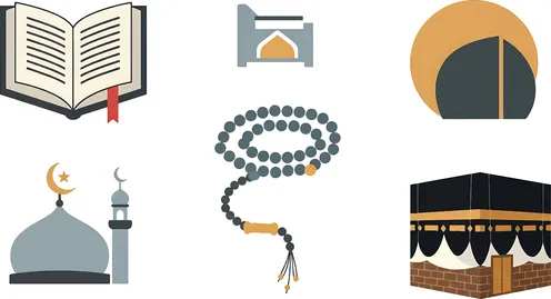 أيقونات ورموز اسلامية دينية لأداء الصلاة والعبادات ,مفهوم العبادة والتقرب الى الله تعالى, خلفية بيضاء, الدعاء وقراءة القرآن الكريم، فيكتور اليستريتور