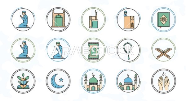 أيقونات ورموز اسلامية دينية لأداء الصلاة والعبادات ,مفهوم العبادة والتقرب الى الله تعالى, خلفية بيضاء, الدعاء وقراءة القرآن الكريم، فيكتور اليستريتور