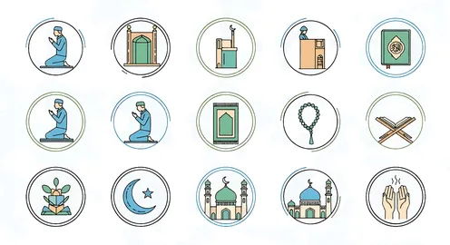 أيقونات ورموز اسلامية دينية لأداء الصلاة والعبادات ,مفهوم العبادة والتقرب الى الله تعالى, خلفية بيضاء, الدعاء وقراءة القرآن الكريم، فيكتور اليستريتور